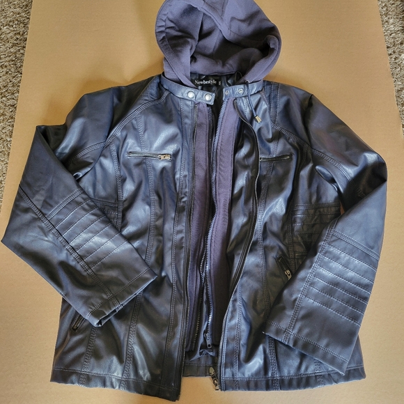 New Best Style Jackets & Blazers - Newbeststyle Faux Leather Hoodie Lined Moto Jacket Womens Size XXL Navy
